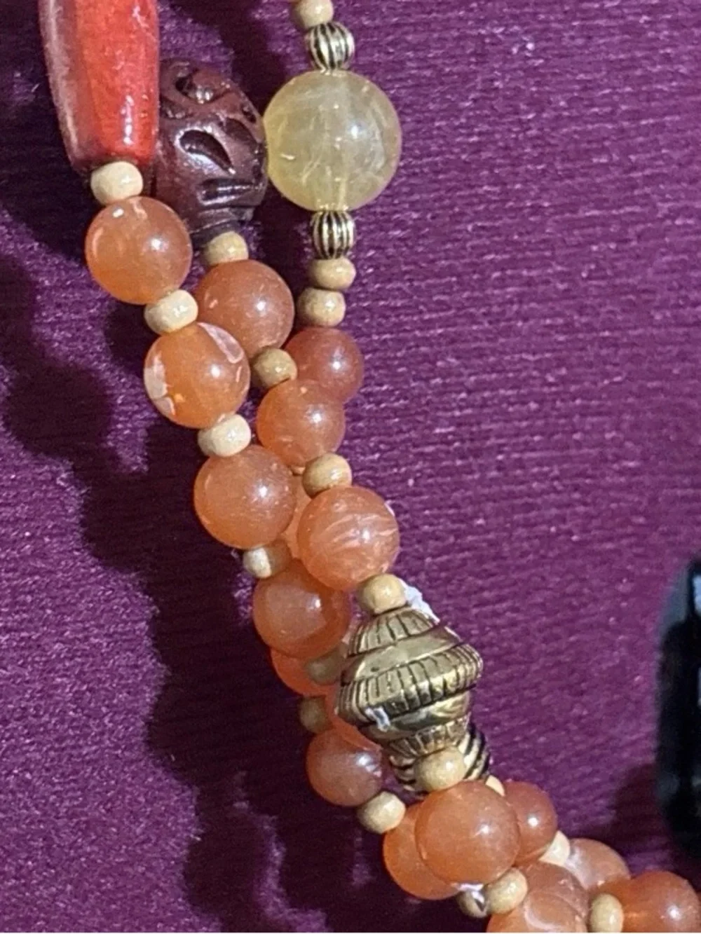 Vintage Signed Avon 3-strand faux amber carved cinnabar wood bead necklace 35”